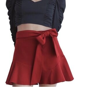Zara Red Tie Front Ruffle Skort Women Large High Waisted Mini Skirt Shorts